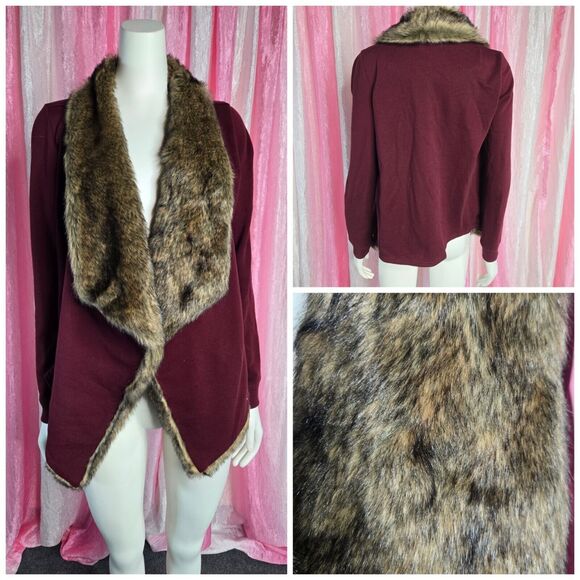 Hollister Faux Fur Moroon Open Cardigan Sweater Size Small - Picture 1 of 13